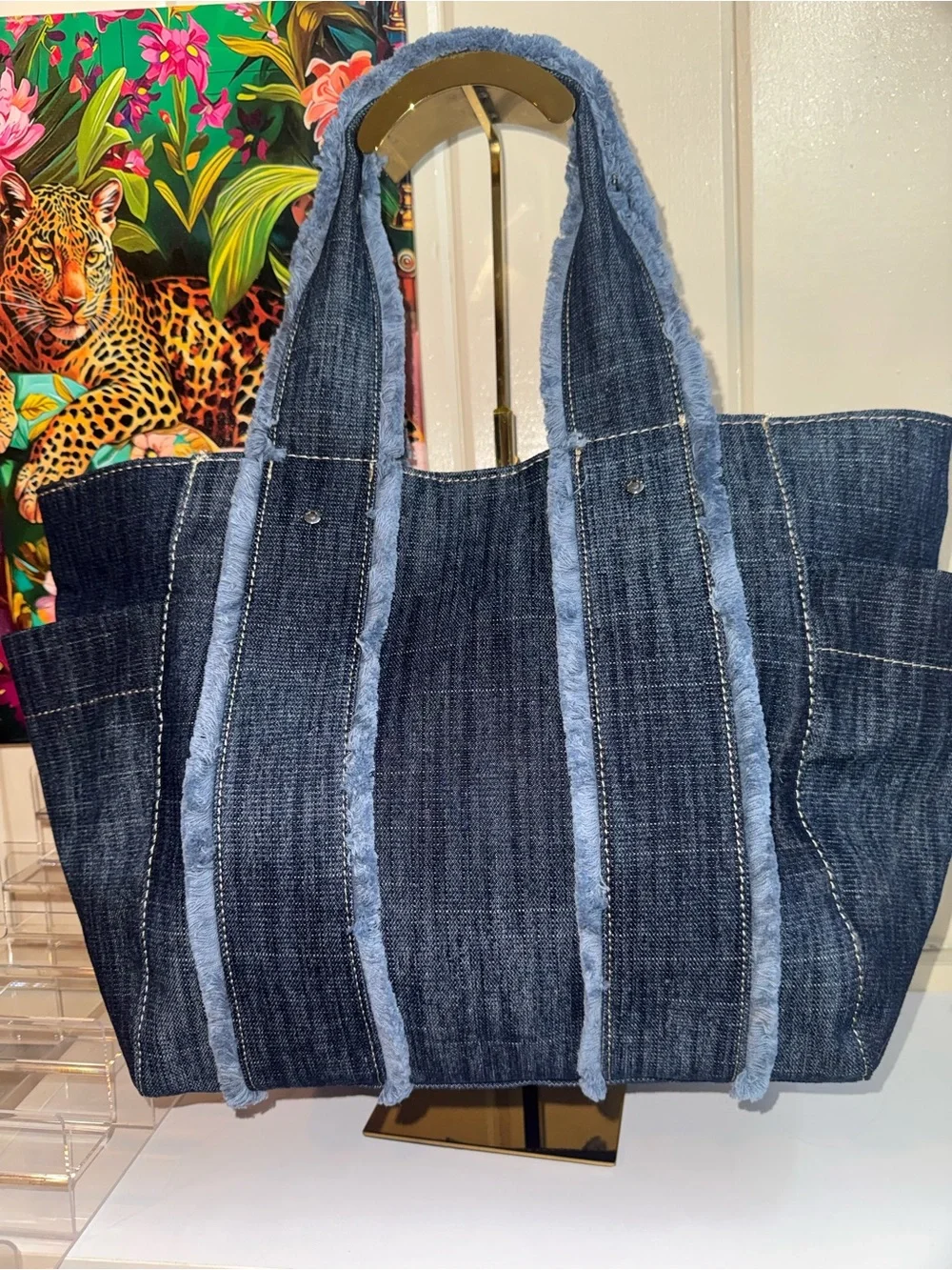 True Religion Indigo DENIM XL Tote with Light Blue Trim - Stylish All Around π - Picture 2 of 5